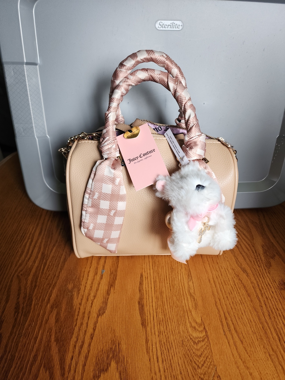 NWT JUicy Couture Beige Top-Handle Satchel with Bow Wrap and Plush Charm